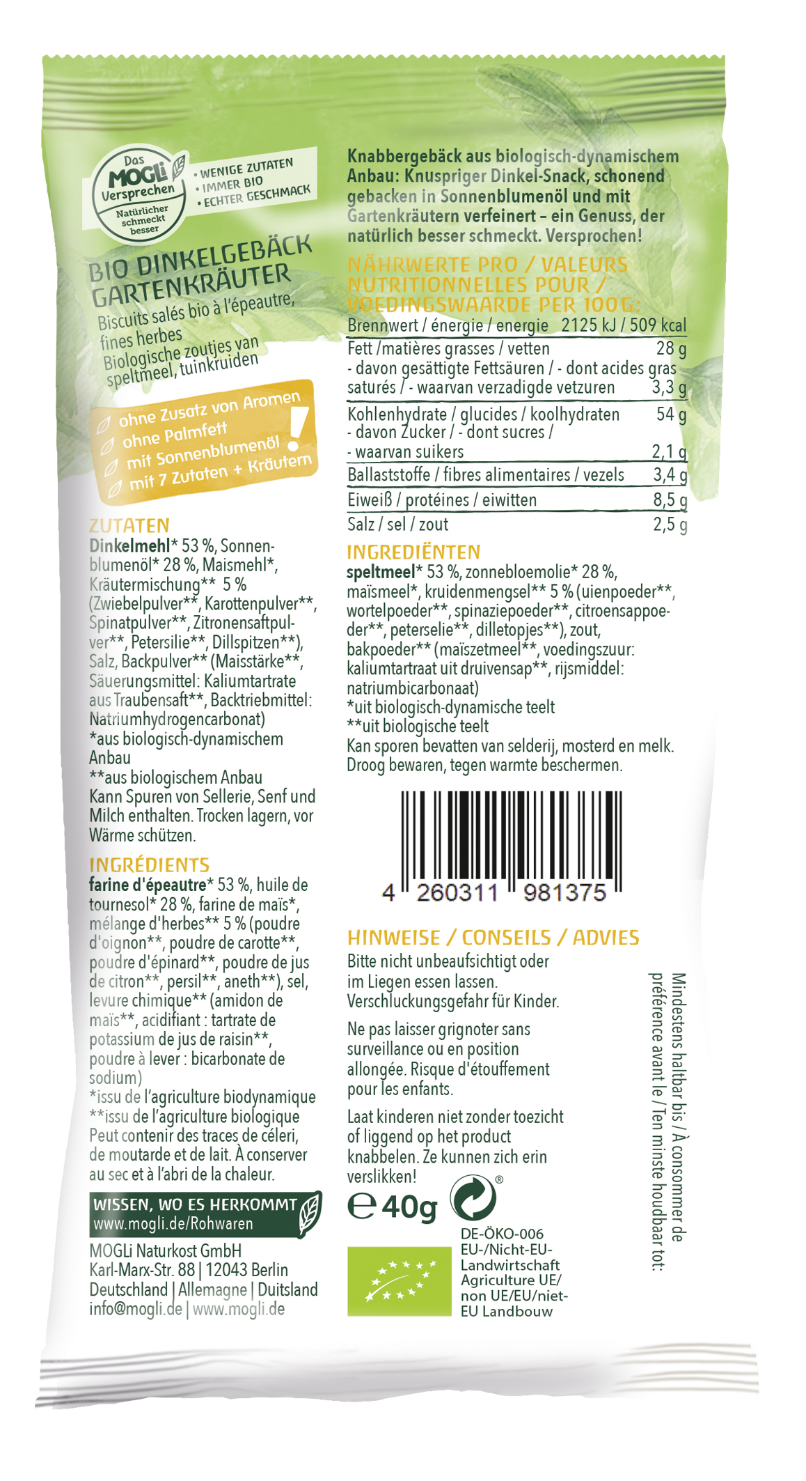 Demeter Dinkel Bällchen Gartenkräuter 40g VEGAN**