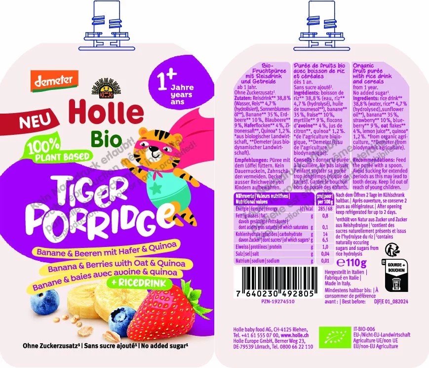 Tiger Porridge Banane&Beeren mit Hafer&Quinoa 110g Tiger Porridge Banane&Beeren mit Hafer&Quinoa 110g